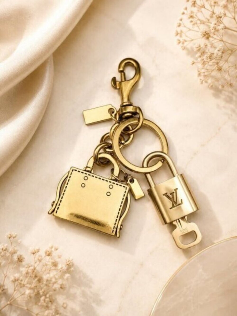 LV Gold Padlock Authentic 🔑 Luxury Bag Charm w/ Unbranded Golden Bag Keychain